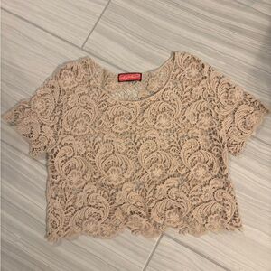 Say What? Lace Crochet Tan Blouse